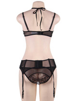Kendra Black Lace Halter Crop Bra Garter Belt Lingerie Set