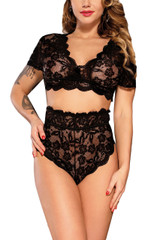 Helena Black Lace Cropped Bralette High Waist Thong Lingerie Set