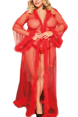 Red Old Hollywood Sheer Marabou feather Long Robe Gown Plus Size