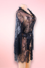 Black Debbie Sheer Eyelash Lace Kimono Robe