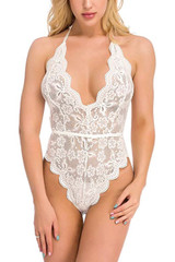 Olive White Halter Scallop Lace Backless Bodysuit Teddy