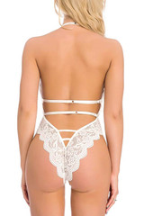 Olive White Halter Scallop Lace Backless Bodysuit Teddy