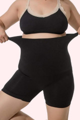 Plus Size Voodoo Ultra High Waist thigh Shaper Compression in black front view stretched out