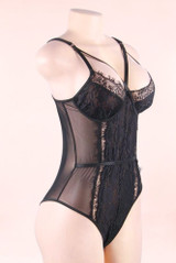 Naomi Black Lace Bodysuit Teddy Lingerie actual product picture on a mannequin quarter side view
