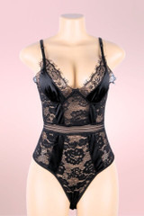 Teagan Black Satin Lace Bodysuit Teddy Lingerie  actual product picture on a mannequin front view 