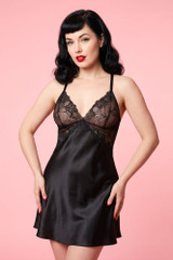 Black Satin Night Dress with Lace.