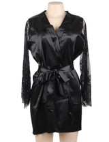 Emy Black Satin Lace Sleeves Robe Set