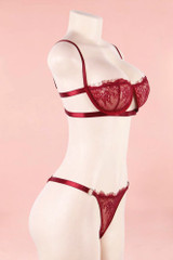 Bella Red Lace Balconette Bra and Thong Panty Lingerie Set actual product picture on a mannequin quarter side view