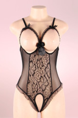Lottie Black Lace Cupless Bodysuit Teddy Crotchless Lingerie  actual product picture on a mannequin front view 