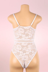 Teagan White Satin Lace Plus Size Bodysuit Teddy Lingerie  actual product picture on a mannequin backview 