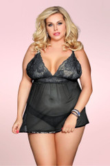 Neve Black Plus Size Lingerie Babydoll Nightdress  worn by a curvy model front view 
