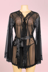 Matilda Elegant Black Sheer Lace Trimmed Plus Size Robe Kimono Lingerie 