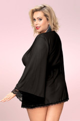 Matilda Elegant Black Sheer Lace Trimmed Plus Size Robe Kimono Lingerie  worn by a model back view 