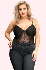 Belinda black lace Bodysuit Teddy Lingerie worn by a curvy plus size model with pants front view