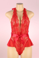 Victoria Plunging Red Lace Bodysuit Teddy Lingerie  actual product picture on a mannequin front view 
