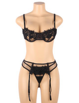 Isabella Black Bralette Garter Belt and Thong Lingerie Set