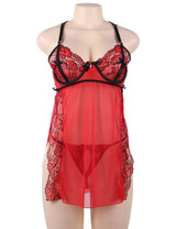 Sara Red Nipple Slit with Side Slit Halter Babydoll Plus Size