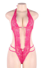 Pink Lace plunging erotic teddy lingerie  actual product picture on a mannequin front view 