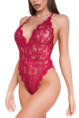 Olive Maroon Halter Scallop Lace Backless Bodysuit Teddy