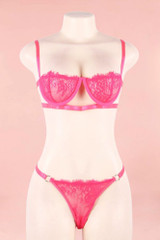 Bella Neon Fuchsia Pink Lace Balconette Bra and Thong Panty Lingerie Set actual product picture on a mannequin front view