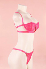 Bella Neon Fuchsia Pink Lace Balconette Bra and Thong Panty Lingerie Set actual product picture on a mannequin quarter side view
