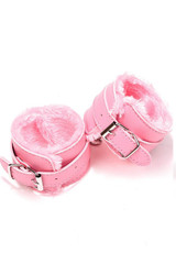 Pink Faux Leather Fur Lined Buckle Handcuffs with Chain