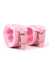 Pink Faux Leather Fur Lined Buckle Handcuffs with Chain