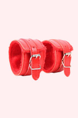 Red Faux Leather Bondage Handcuffs with fur lining and buckles