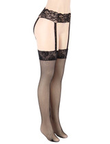 Black Lace Garter Belt with attached Lace Top Fishnet Garter Hose Stockings