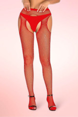 Red Sparkle Fishnet Rhinestone Garter Pantyhose