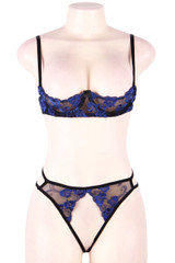 Cece Blue Cupless Shelf Bra Crotchless Panty Lingerie Set