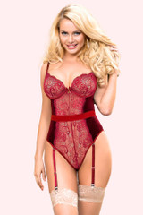 Bridgette Red Wine Lace and Velvet Bodysuit Teddy Lingerie with Garter suspenders worn by a model with on hand playing with her hair, front view
