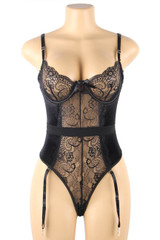 Bridgette Black Lace Underwire Velvet Garter Teddy Plus Size