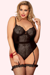 Bridgette Black Lace Underwire Velvet Garter Teddy Plus Size