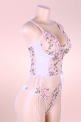 Eden Floral Embroidered Camisole Panty Sheer pink Lingerie Set actual product picture on a mannequin quarter side view 