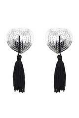 Silver Heart Sequin Black Tassel Nipple Pasties