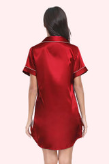 Darla Scarlet Red Satin Button Down Shirt Pajama Dress worn by a model back view