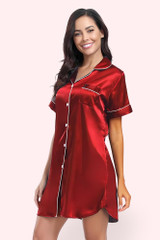 Darla Scarlet Red Satin Button Down Shirt Pajama Dress worn by a model front view