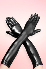 Long Black Metallic Gloves Elbow Length 14 Inches