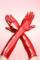 Long Red Metallic Gloves Elbow Length 14 Inches.