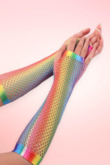 Long Fingerless Rainbow Fishnet Gloves.