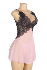 Heidi Pink Black Lace Halter Empire Waist Babydoll Plus Size