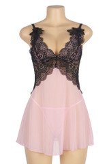 Heidi Pink Black Lace Halter Empire Waist Babydoll Plus Size