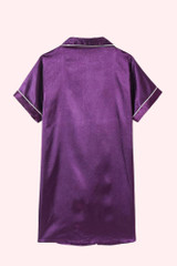 Actual Flat lay product photo of Darla Purple Satin Button Down Shirt Pajama Dress back view