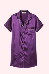 Actual Flat lay product photo of Darla Purple Satin Button Down Shirt Pajama Dress front view