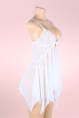 Lauren Bridal White Lace Babydoll Lingerie with Asymmetric Hem actual product picture on a mannequin quarter side view 