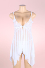 Lauren Bridal White Lace Babydoll Lingerie with Asymmetric Hem  actual product picture on a mannequin front view 