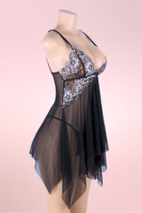 Lauren Black Lace Open Front Babydoll Lingerie with Asymmetric Hem actual product picture on a mannequin quarter side view 