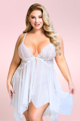 Lauren Bridal White Lace Plus Size Babydoll Lingerie  Open Front  worn by a model front view 