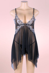 Lauren Black Lace Open Front Plus Size Babydoll Lingerie with Asymmetric Hem  actual product picture on a mannequin front view 